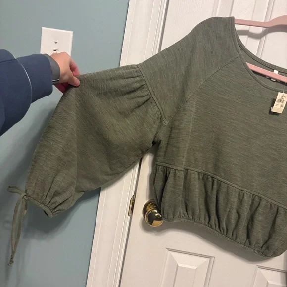 Aerie Endless Summer Cropped Sweatshirt Womens Small Olive Green Long Tie Sleeve - Picture 6 of 16